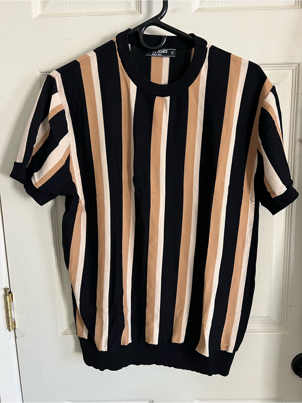 Paul Jones Black, Tan & White Vertical Stripe Short Sleeve Shirt